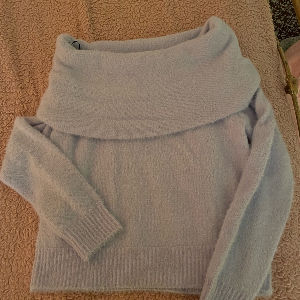 powder blue off the shoulder eyelash sweater